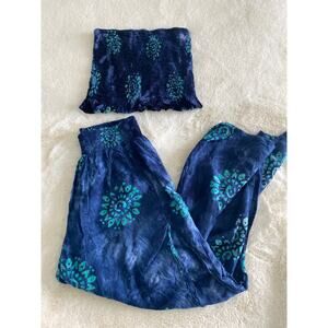 Indie Boutique Blue Tortoise Smocked Ruffle Tube Top Palazzo‎ Pants Tie Dye Set